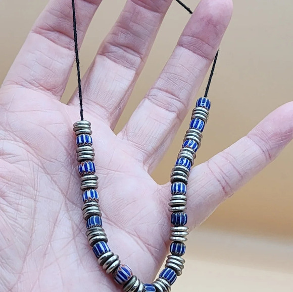 Blue Chevron Beads Five Layer African Trade Beads Handcrafted Strand - Picture 7 of 8